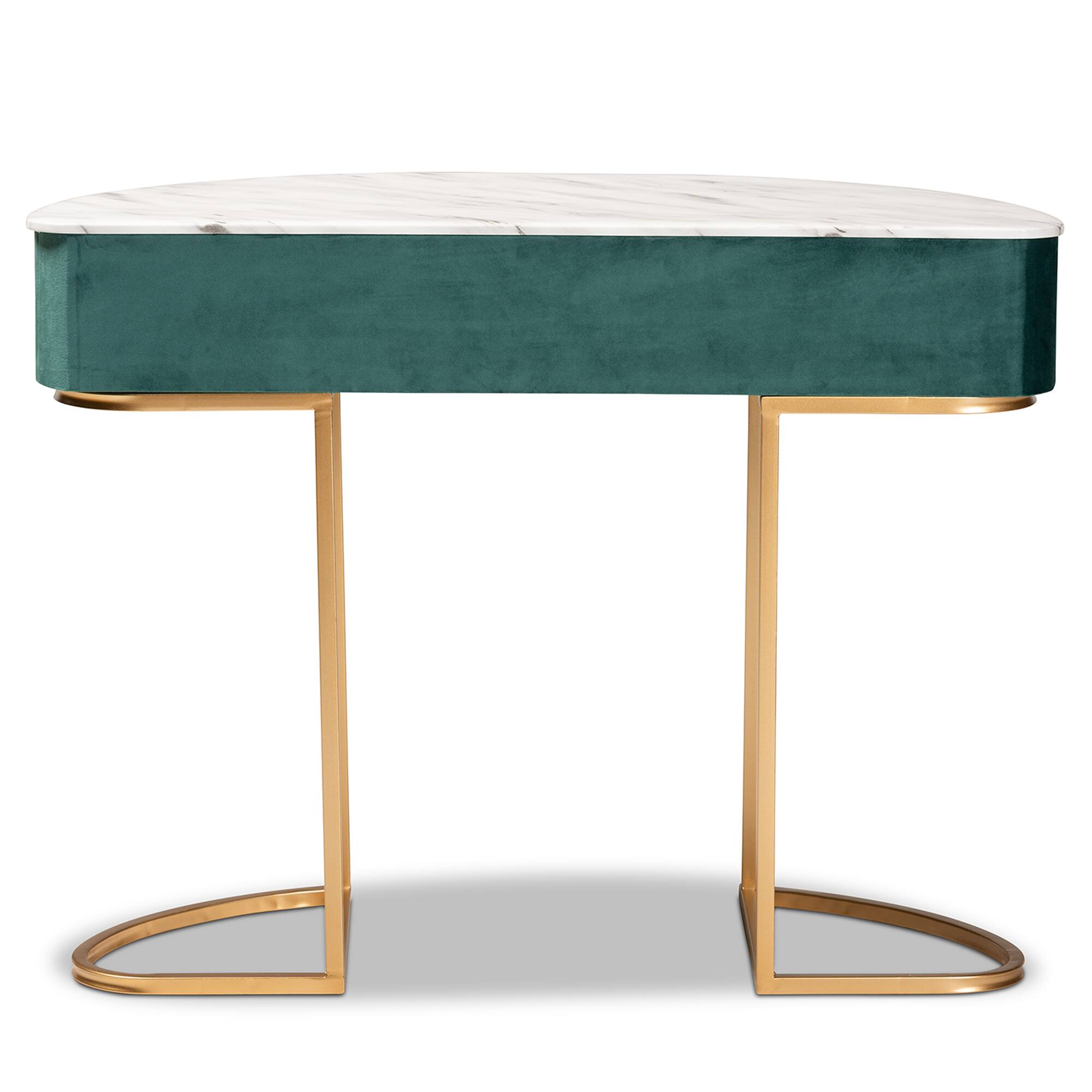 Alt View 1. Baxton Studio - Beale Luxe and Glam Velvet Upholsteand Brushed Finished 1-Drawer Console Table with Faux Marble Tabletop - Green/Gold.