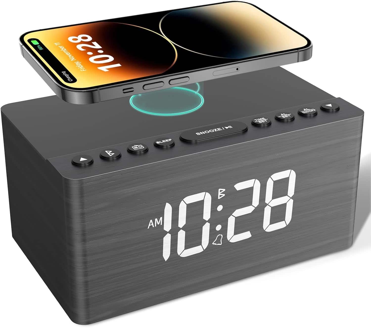 Dazzed Corner - Wooden Bluetooth Speaker, Alarm Clock with FM Radio, USB Charger Port - Gray