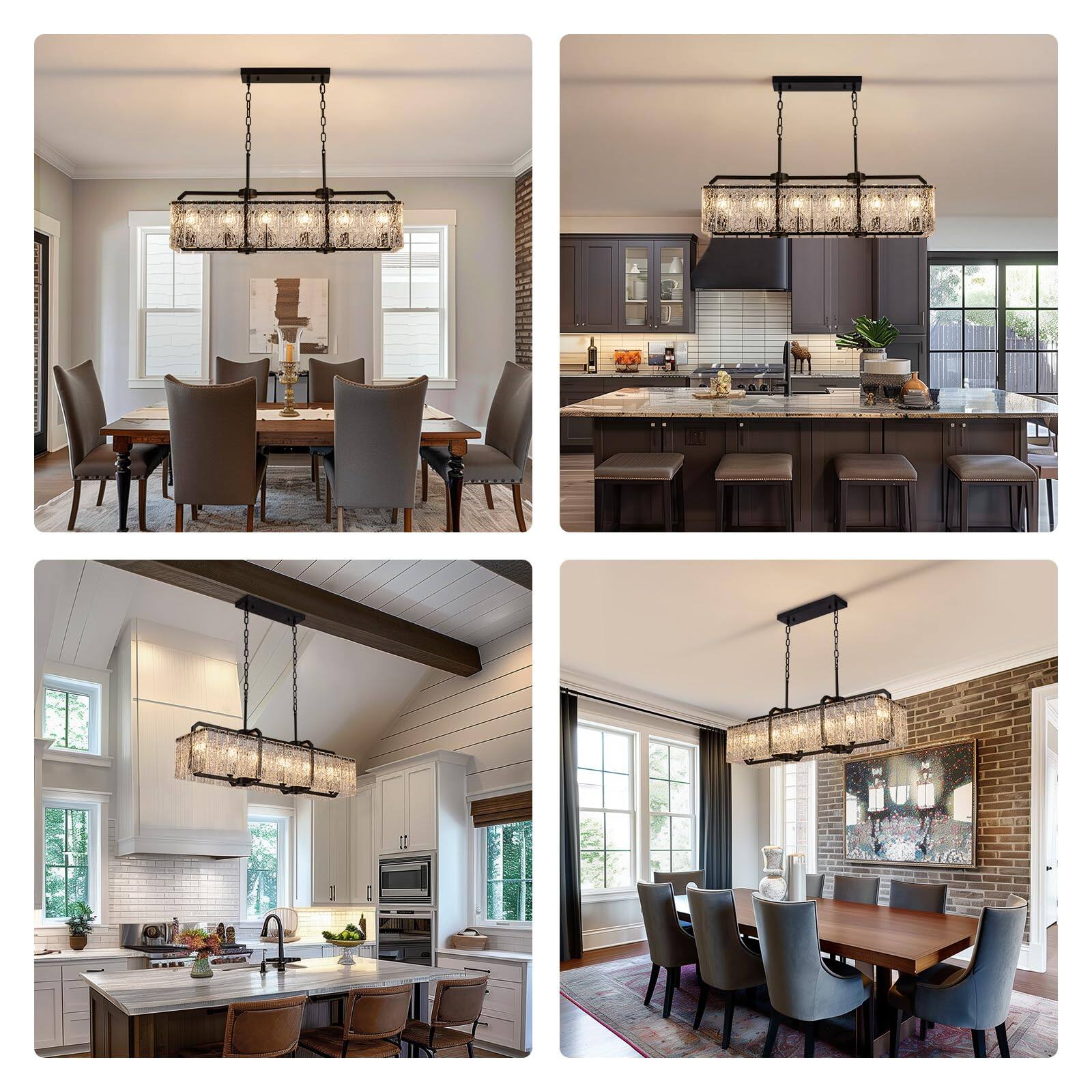 Back. Siljoy - 39.3 Inch 6-Light Black Linear Crystal Chandelier Water Ripple Glass Farmhouse Pendant Light for Island Dining Room - Black.