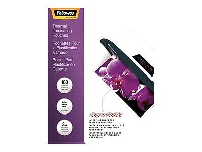 Fellowes Thermal Laminating Pouches  
Pochettes Pour la Plastification  
Bolsas Para Plastificar en Caliente  
100 Carte  
3. Super Quick  

LIGEMATS  
PASTER INTENER LA POCHETTE DE CARE  
w.i PLASTIFICATION PLUS E.P.I.E  
INSERAR O.A BE LADE  
RE PLASTIPICACION