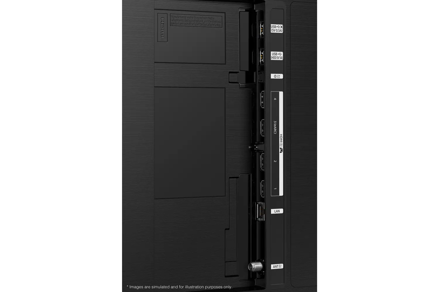 The text on the image reads: "HomI nohgtoues unterSeppefenDally Ltota inigniigFt_ndenn Sdie Snllpfstha ccndo/ien ntn ntn_ncib 2tm USB-GX SVO.5A) USB+6- H0DSVTA) (eARC) HDMI R 1 LAN a ANT images are simulated and for illustration purposes only."