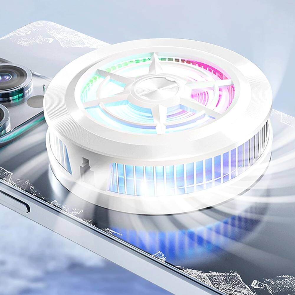 Angle. ACJPR - Magnetic Phone Cooler with USB Fan, Semiconductor Cooling, RGB Lights, and Removable Grip for iPhone, iPad, and Android - White.