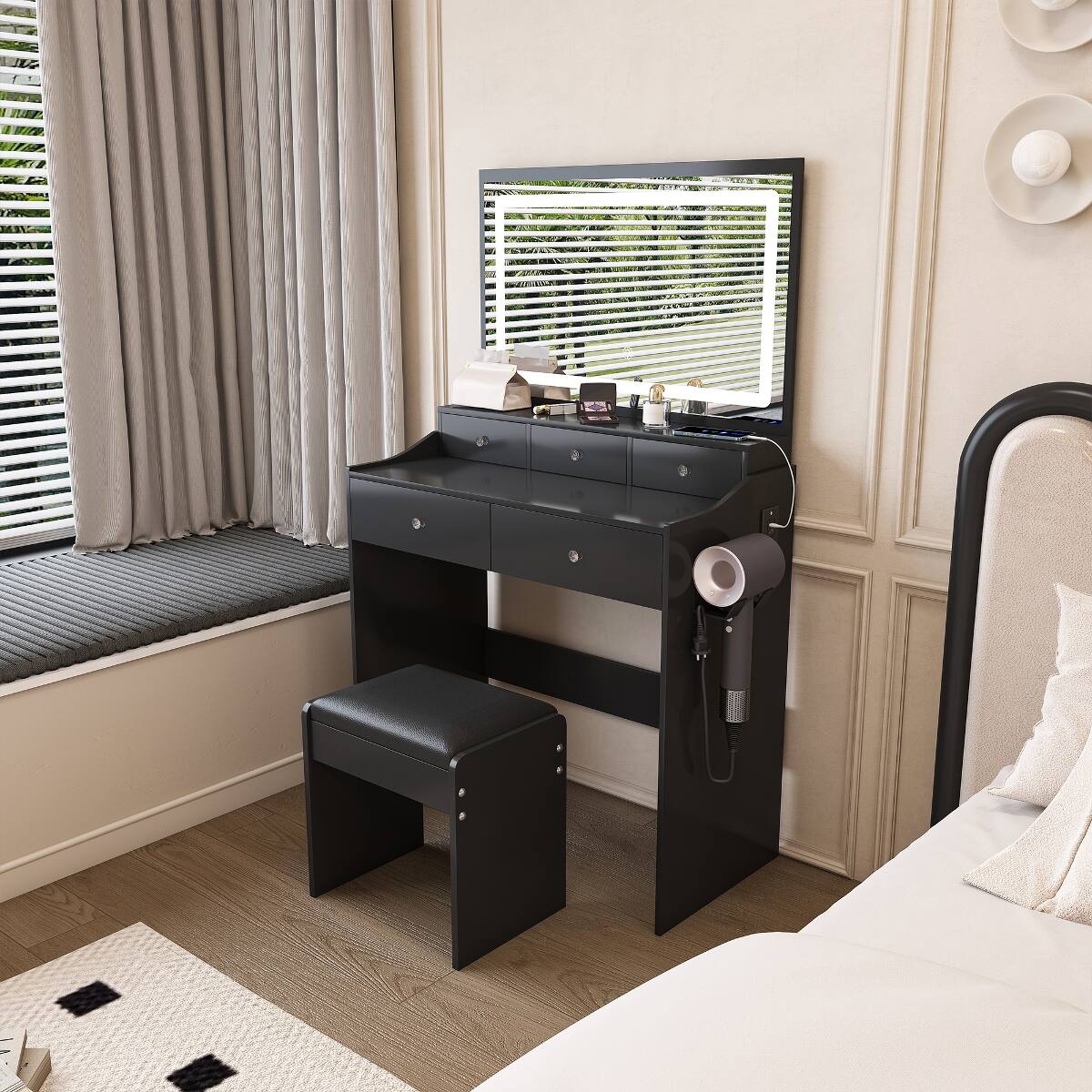 Angle. Loheer - Loheer Large Mirror Makeup Vanity Desk with Power Outlet and Adjustable Lighting for Bedroom - Black.