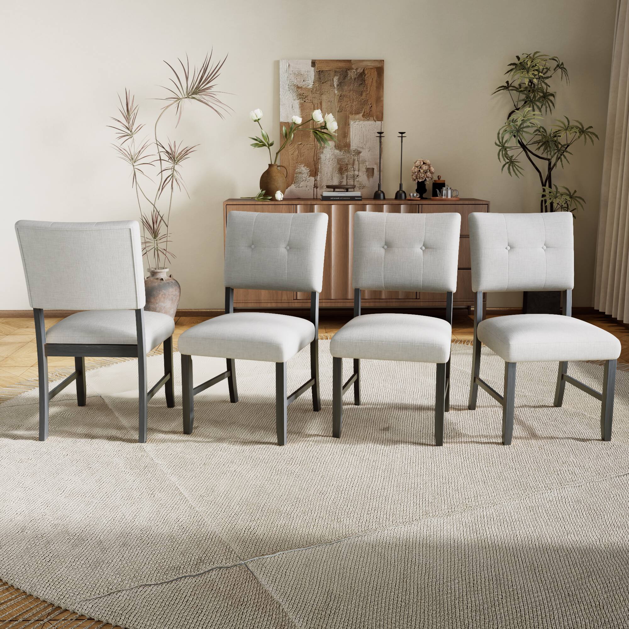 Front. Tiramisubest - 4-Piece Farmhouse Wooden Dining Chairs,Fabric Upholstered Chairs with Solid Wood Legs and Padded Seat,Beige + Gray - Gray+Beige.