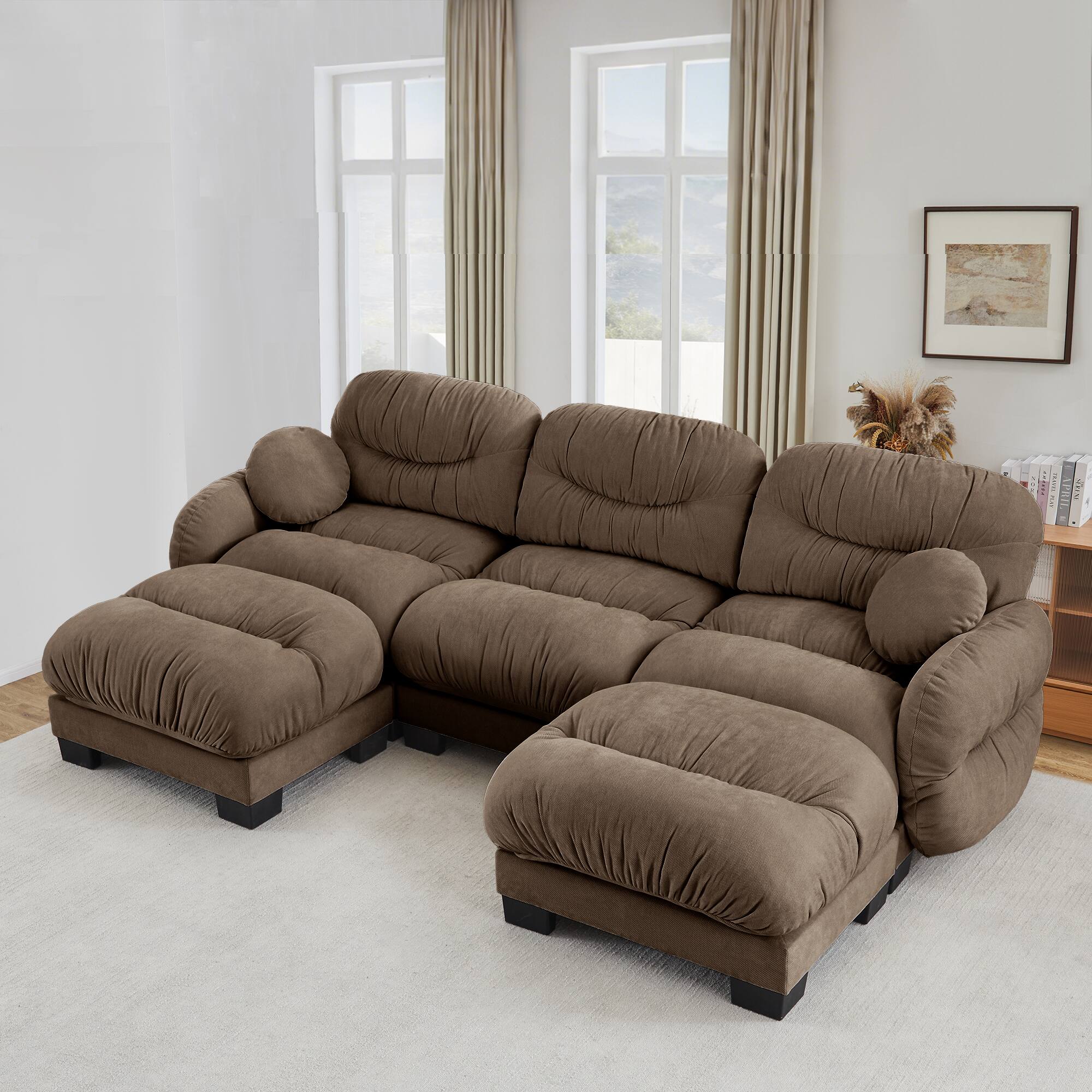 Angle. Anysun - 3-Seater U Shape Sectional Couch with 2 Ottomans, Chenille Fabric, High-Density Foam & Curved Armrests for Living Room - Brown.