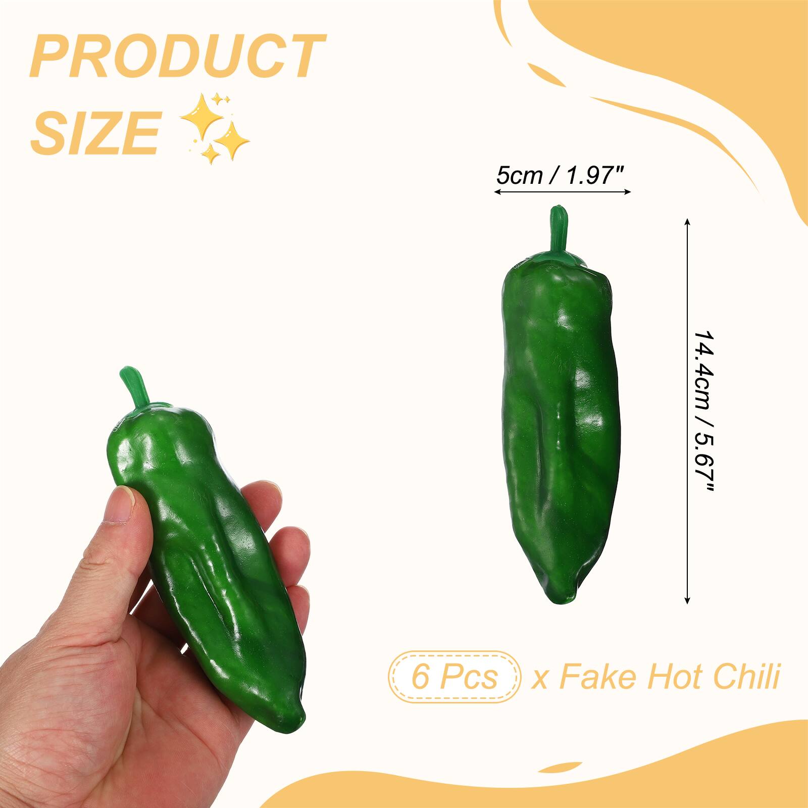PRODUCT SIZE

5cm / 1.97"  
14.4cm / 5.67"  

6 Pcs x Fake Hot Chili