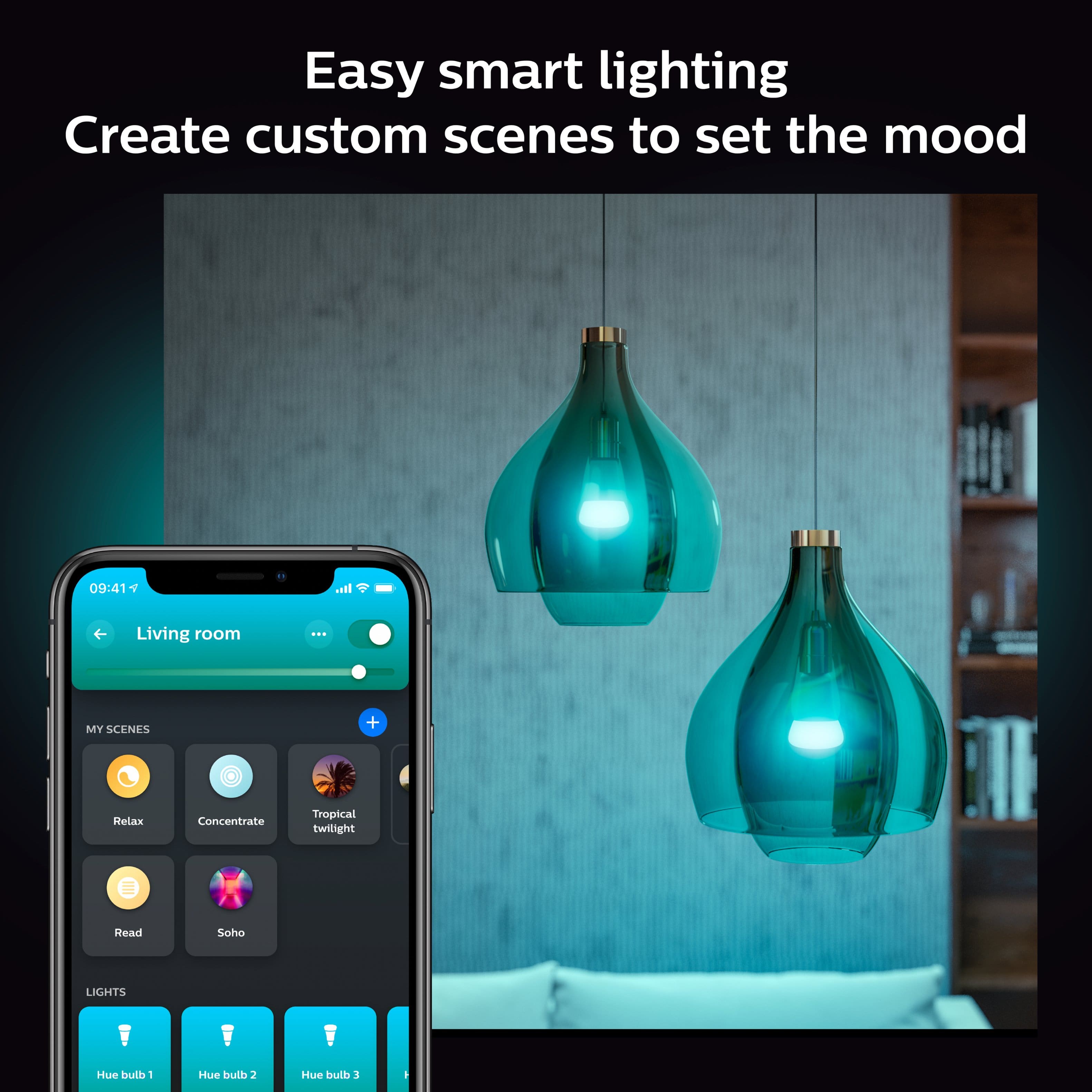 Easy Smart Lighting: Create Custom Scenes to Set the Mood
Living Room:
* My Scenes
* Helax Concentrate Tropical Twilight
* Soho Lights Hue Divd - Hue Bull 2
* Hue Divd 1