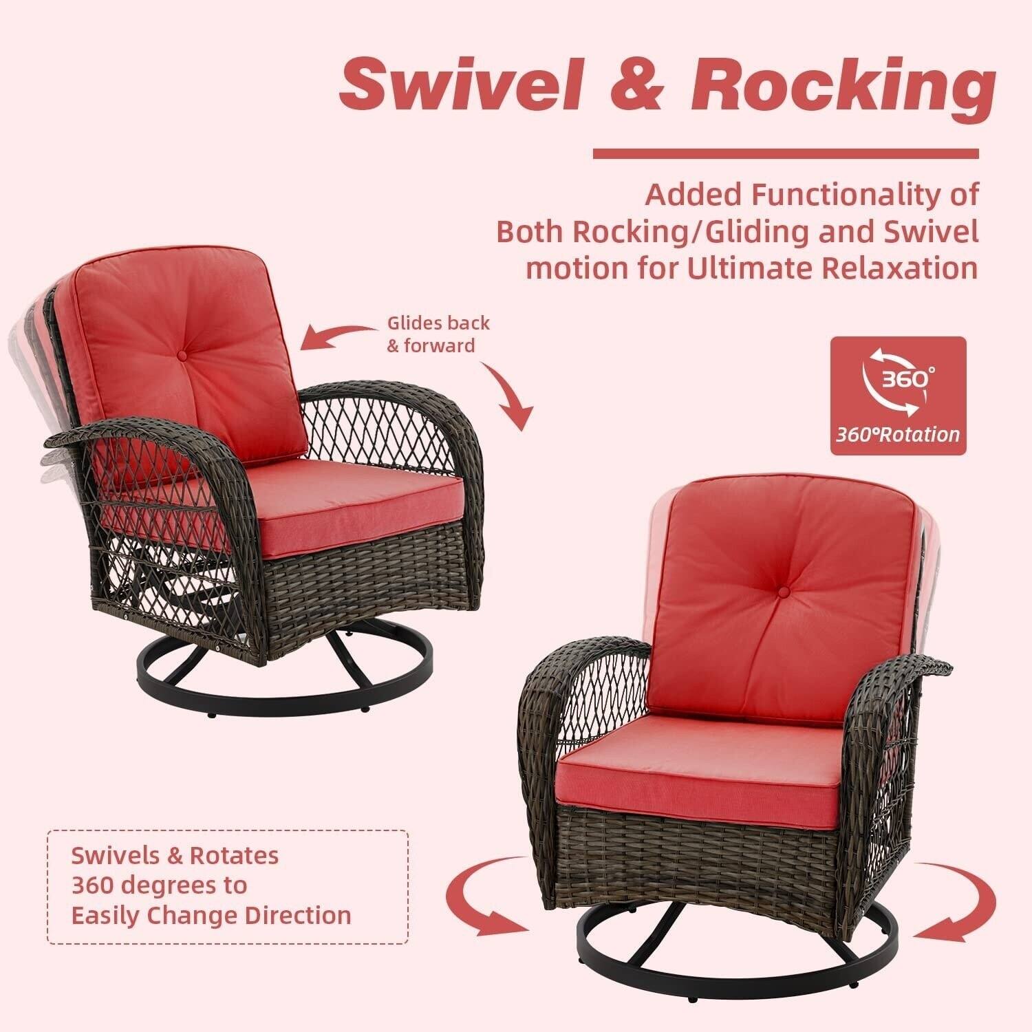 Swivel & Rocking

Added Functionality of Both Rocking/Gliding and Swivel motion for Ultimate Relaxation

Glides back & forward

360° Rotation

Swivels & Rotates 360 degrees to Easily Change Direction