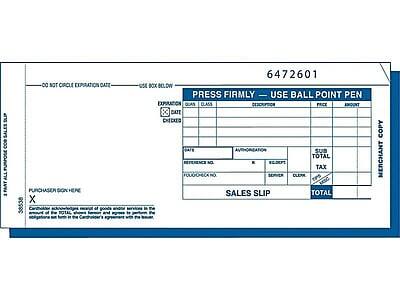6472601

USE BALL POINT PEN

PRESS FIRMLY

EXPANSION DATE
CLASS
DESCRIPTION
PRICE
AMOUNT

SUB TOTAL
TAX
TOTAL

REFERENCE NO.
POLOPHECA NO.

SALES SLIP

MERCHANT COPY

DO NOT CIRCLE EXPIRATION DATE

USE BOX BELOW

PURCHASER SIGN HERE

X

Cardholder acknowledges receipt of goods and services in the amount of the TOTAL, which is known and agrees to be bound by the terms and conditions set forth in the Cardholder's agreement with the Issuer.

MERCHANT COPY