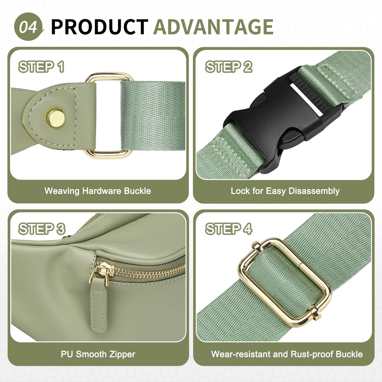 04 PRODUCT ADVANTAGE

STEP 1  
Weaving Hardware Buckle

STEP 2  
Lock for Easy Disassembly

STEP 3  
PU Smooth Zipper

STEP 4  
Wear-resistant and Rust-proof Buckle
