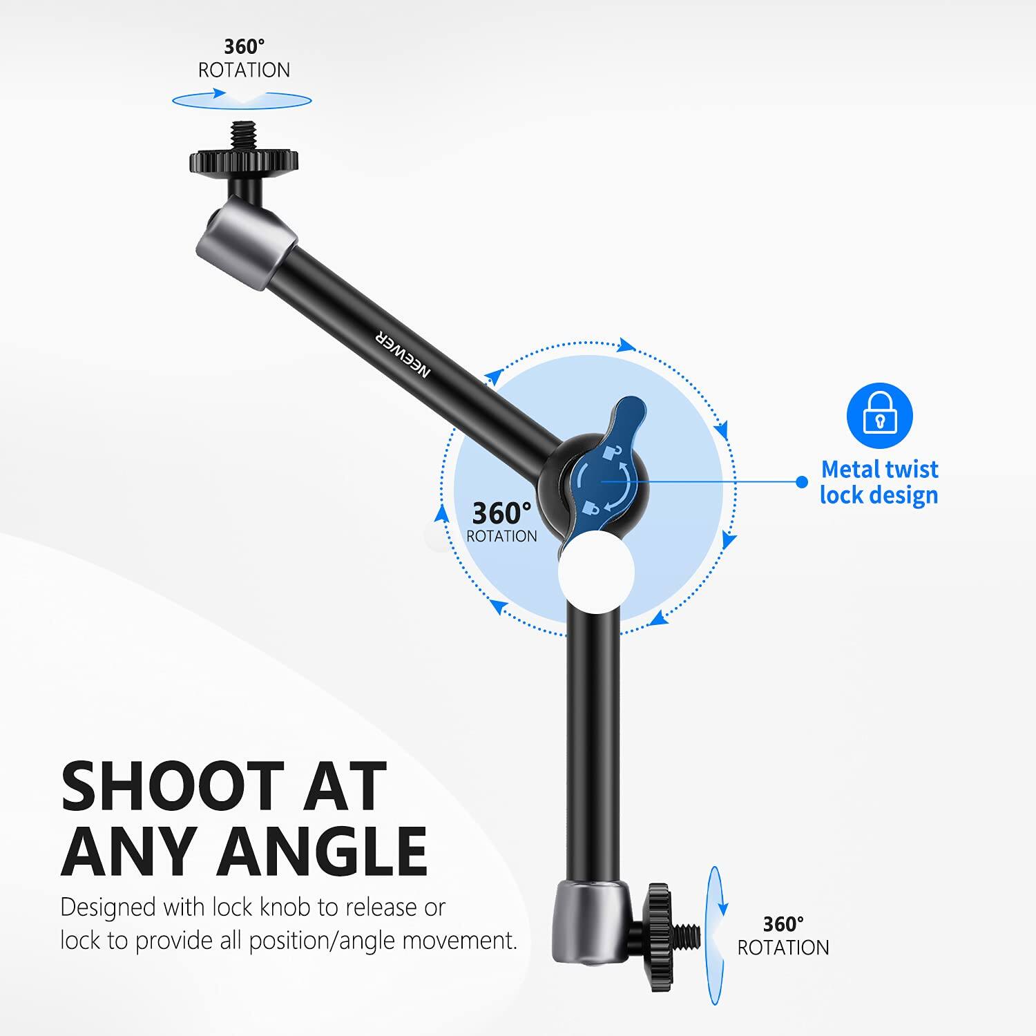 360° ROTATION  
NEEWER  

Metal twist lock design  
SHOOT AT ANY ANGLE  

Designed with lock knob to release or lock to provide all position/angle movement.