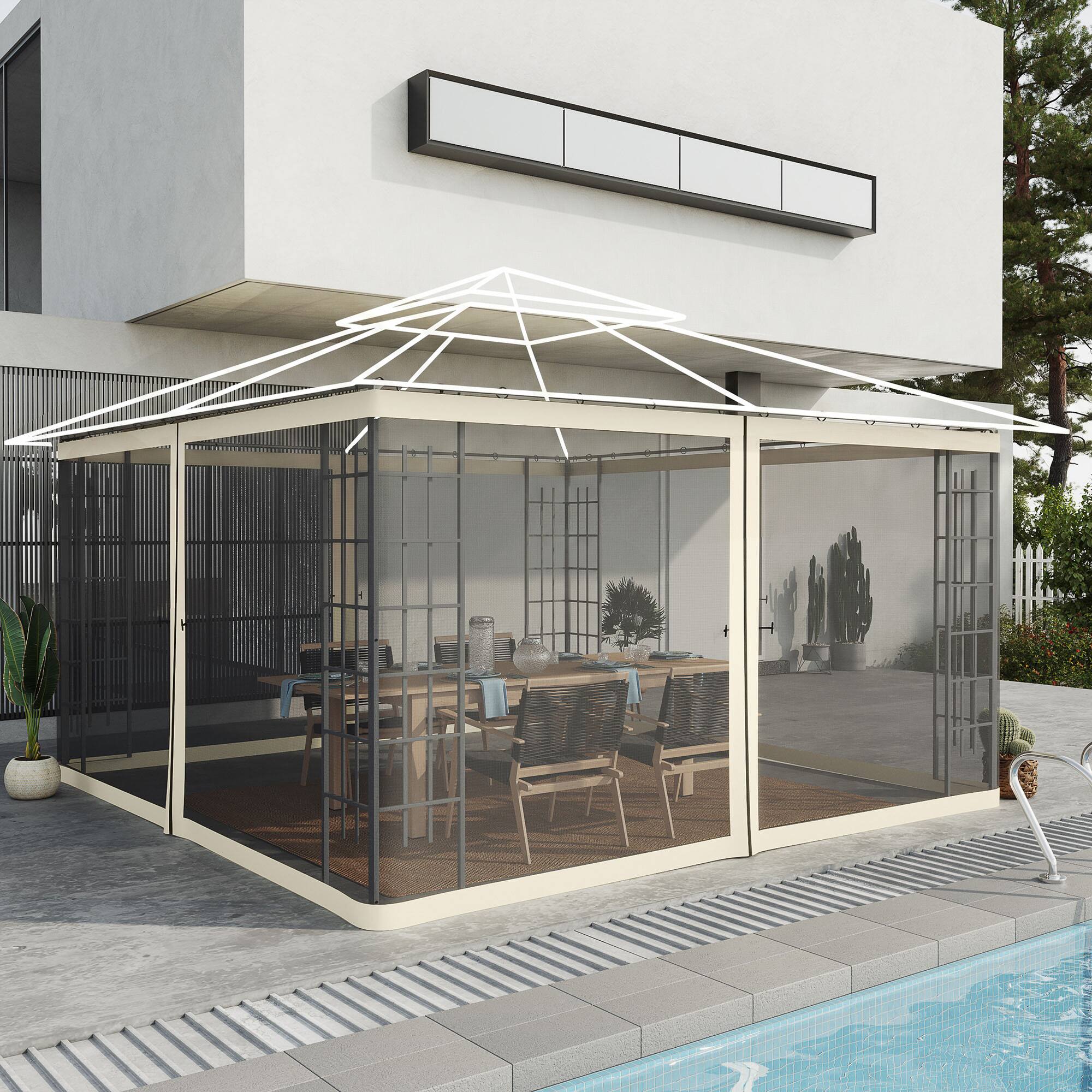 Alt View 1. Outsunny - Gazebo Netting Mosquito Netting Screen with Zippers, Black Rings, High-Quality Polyester - Cream White.