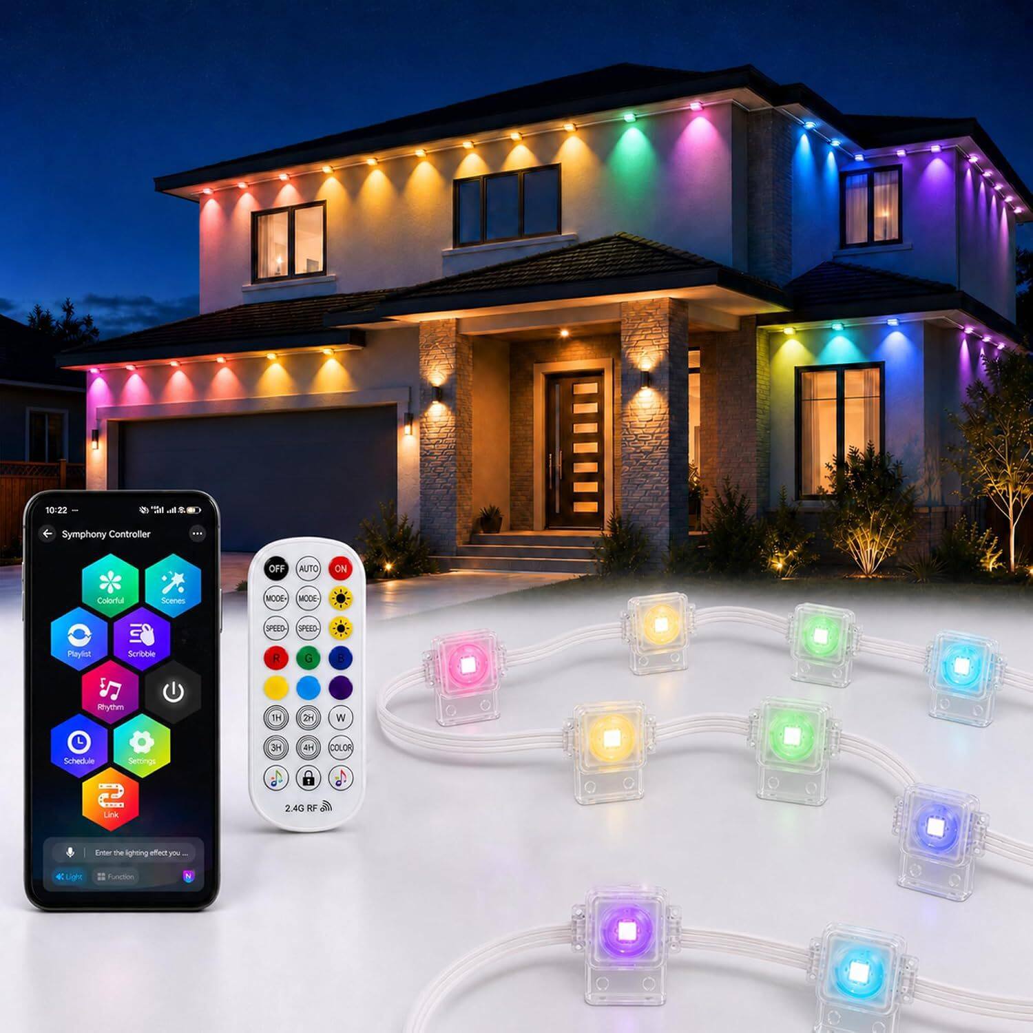 10:22

Symphony Controller

OFF   AUTO   ON

Colorful Scenes

MODE- MODE-

SPEED- SPEED-

Playlist Scribble

R   G   B

Rhythm

TH   2H   W

Schedule Settings

3+   4H

COLOR

Link

2.4G RF

Enter the lighting effect you

Light Function