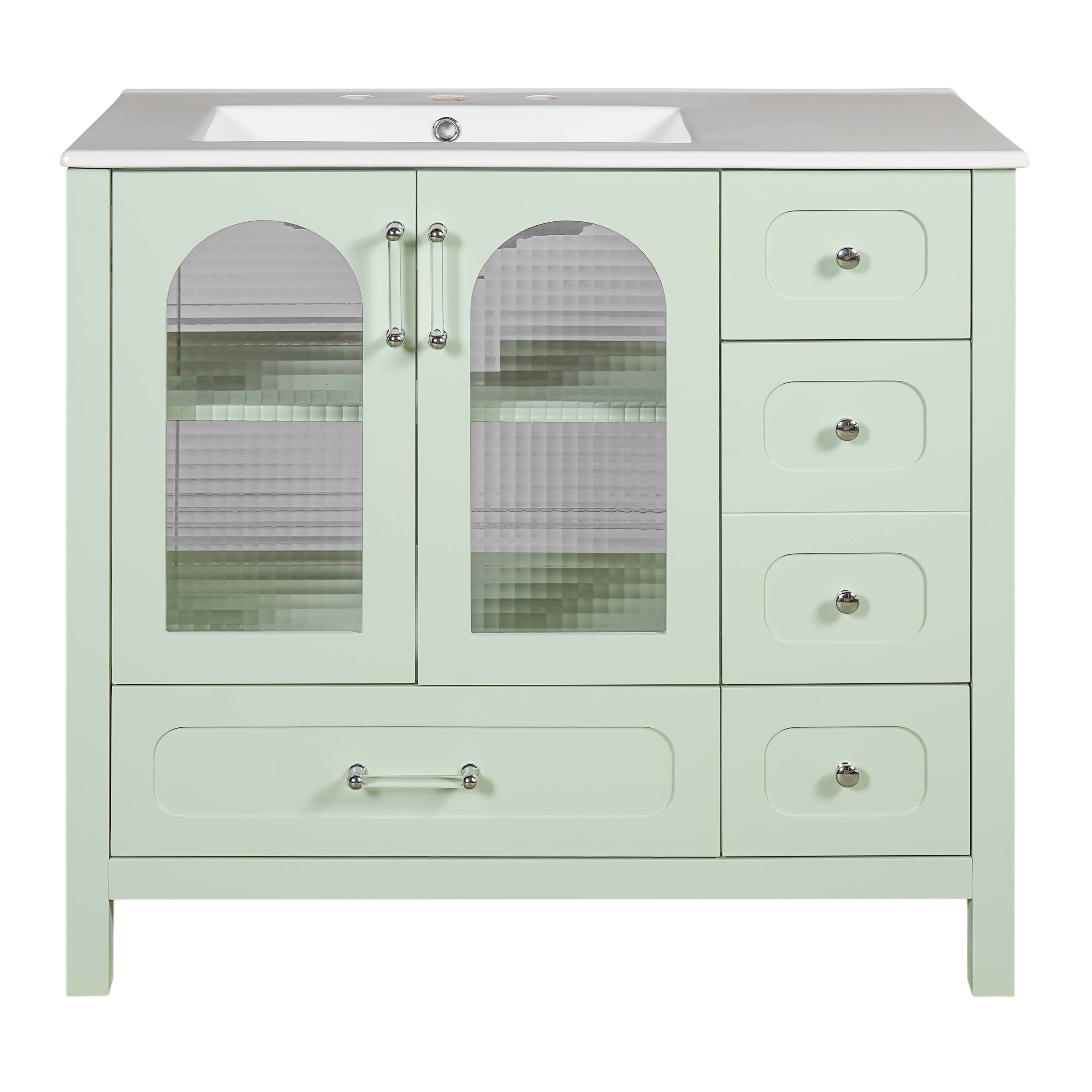 36" Bathroom Vanity with Sink, Waffle Texture Doors, 4 Drawers, 2 Soft-Close Doors, Glass Storage Cabinet
