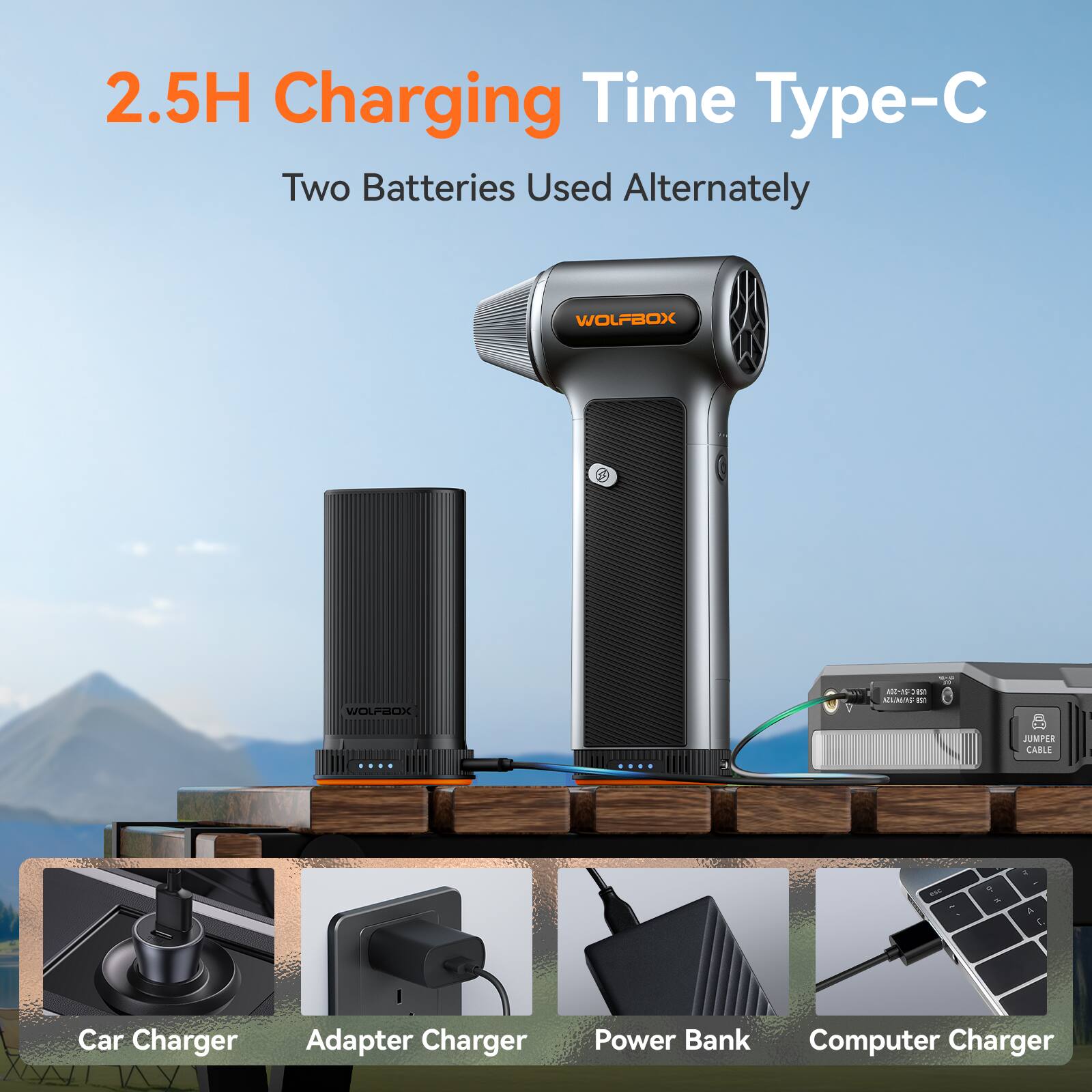 2.5H Charging Time Type-C  
Two Batteries Used Alternately  

WOLFBOX  
WOLFBOX N  

Car Charger  
Adapter Charger  
Power Bank  
Computer Charger