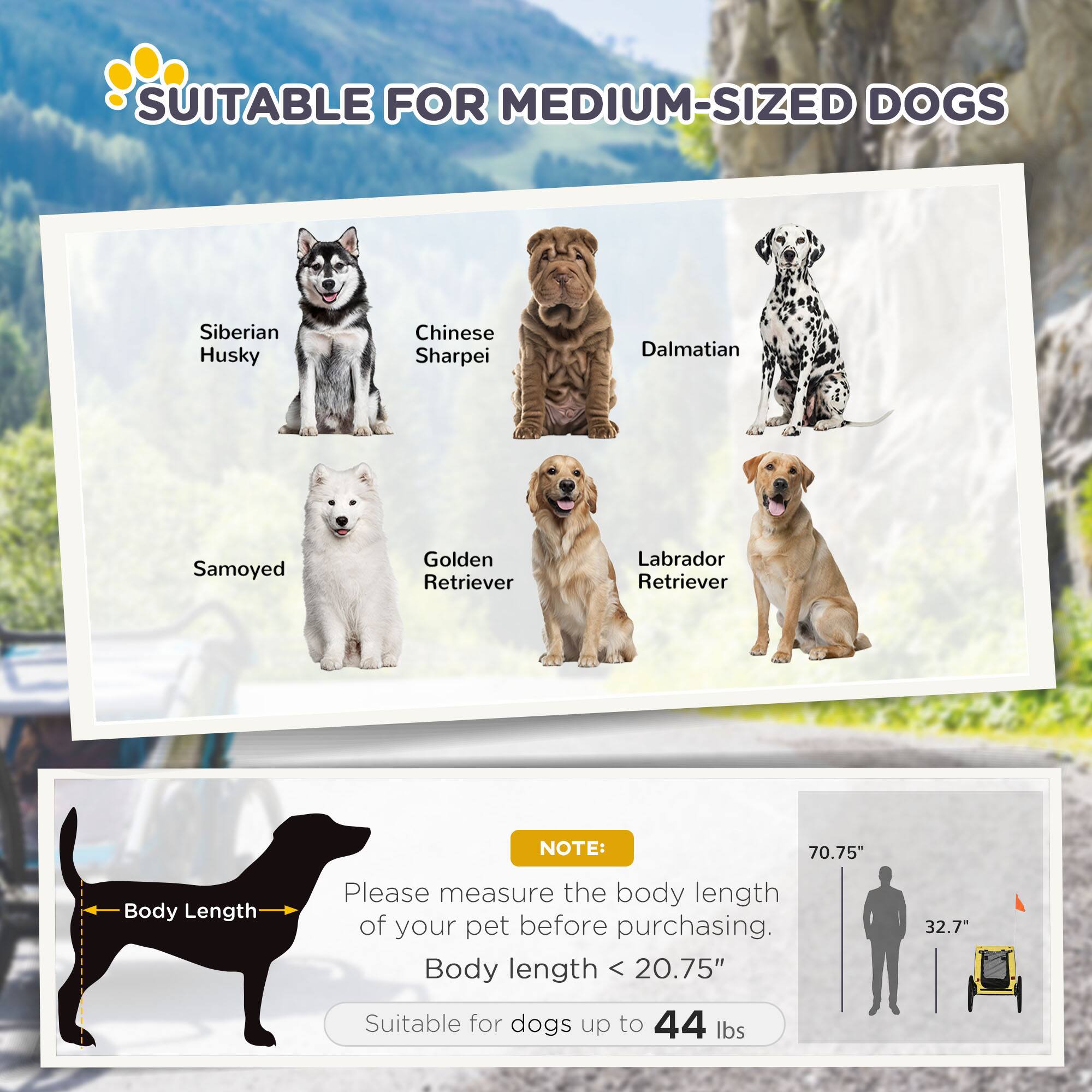 SUITABLE FOR MEDIUM-SIZED DOGS

- Siberian Husky
- Chinese Sharpei
- Dalmatian
- Samoyed
- Golden Retriever
- Labrador Retriever

NOTE: 70.75" Body Length

Please measure the body length of your pet before purchasing.

Body length < 20.75" Suitable for dogs up to 44 lbs