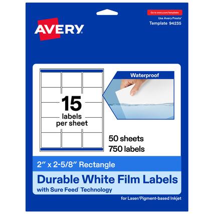 Go to avery.com/templates
Use Avery Presta™ Template 94235
Waterproof
15 labels per sheet
50 sheets
750 labels
2" x 2-5/8" Rectangle
Durable White Film Labels with Sure Feed™ Technology for Laser/Pigment-based Inkjet