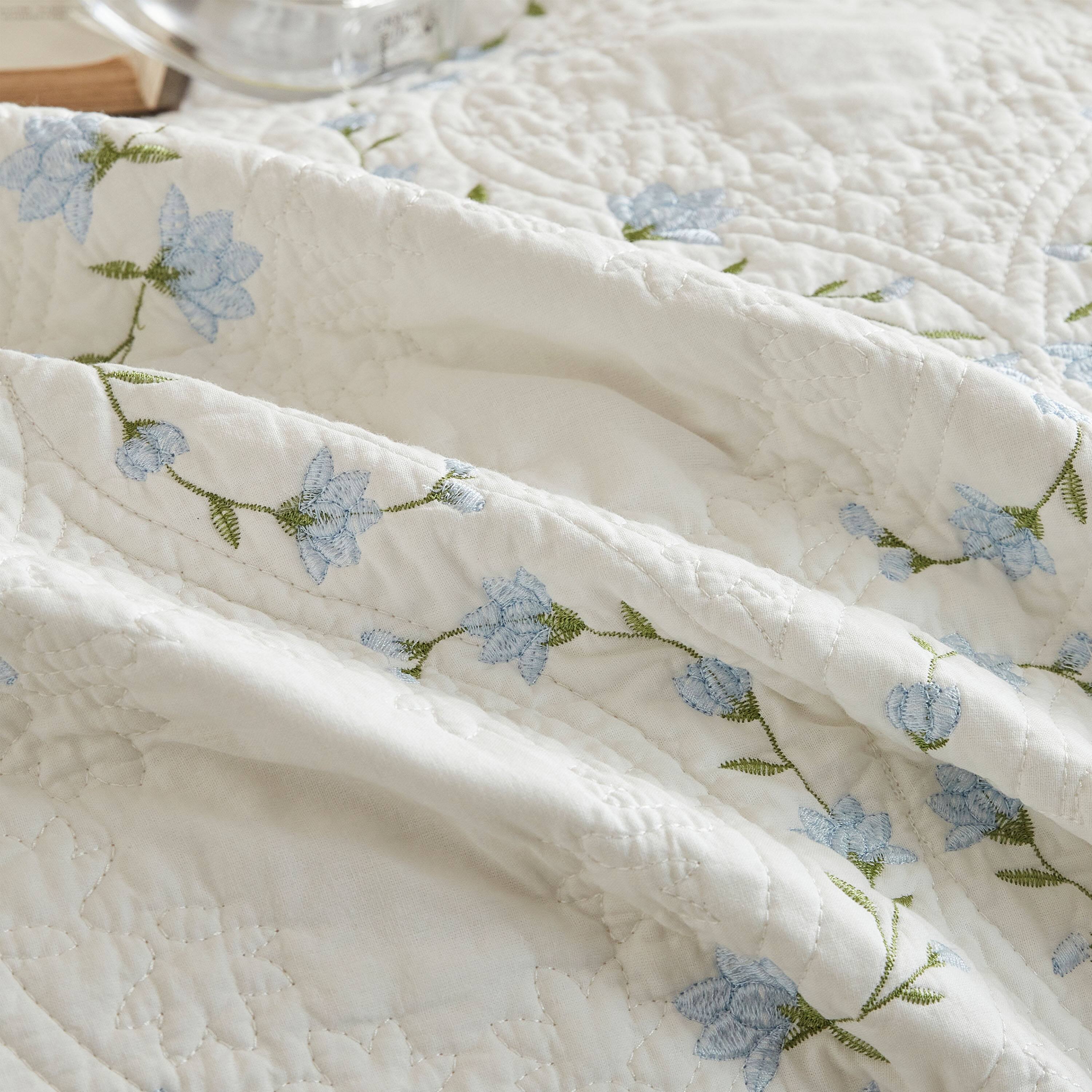 Back. MarCielo - MarCielo 3 Piece Cotton Embroidered Floral Quilt Set – Vintage Farmhouse Bedspread Set - Soft Blue Floral.