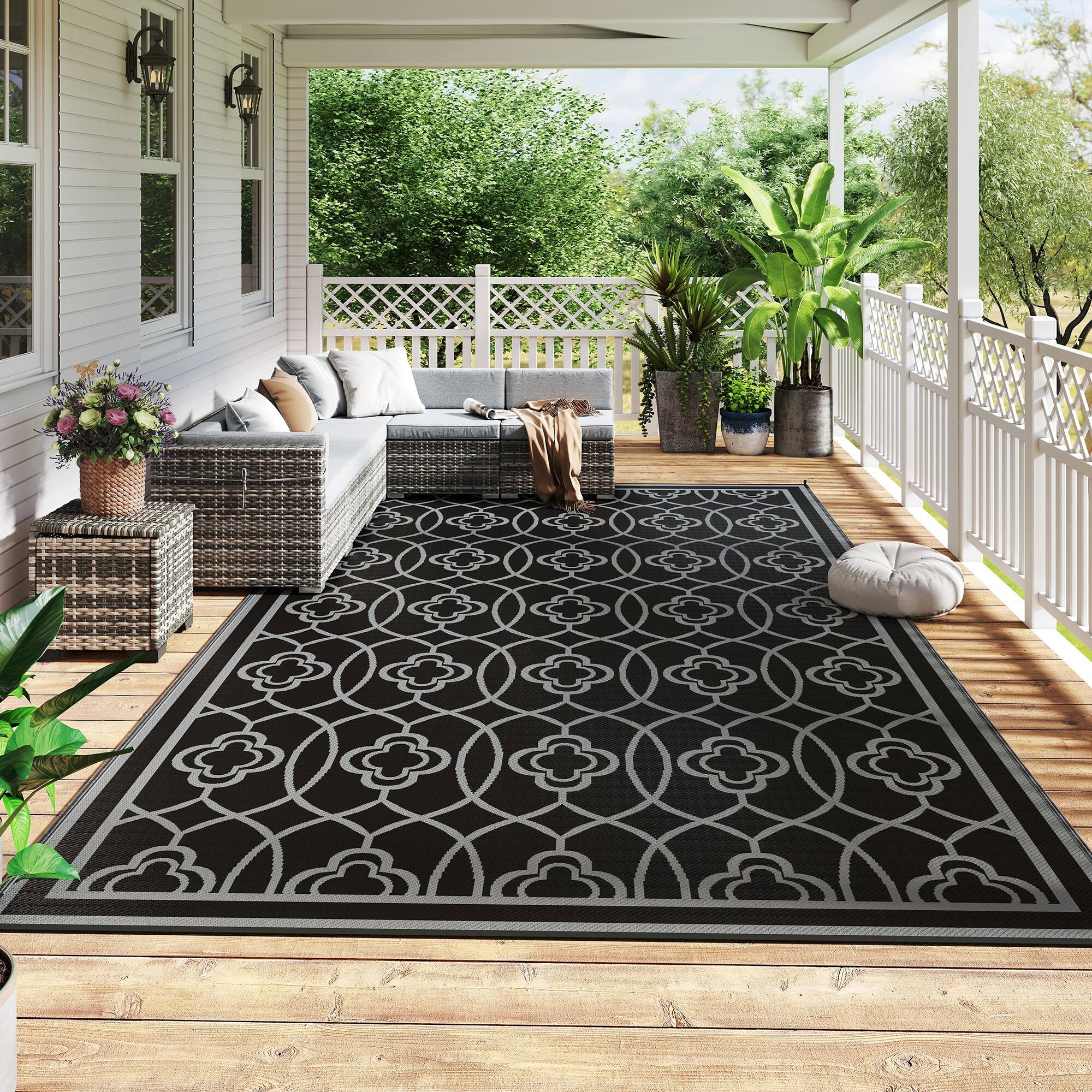 Alt View 1. Outsunny - Outdoor Rug for Patio, 9' x 18' Waterproof Large Mat, Reversible Plastic Straw Rug for Décor - Black and Gray Lantern.