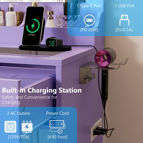 1 Type-C Port  
1 USB Port  
P% Charged [PD 20W] [5V/2.1A]  
7:29  
Built-in Charging Station  
Safety and Convenience for Charging  

2 AC Outlets  
Power Cord  
[120V/12A]  
[4.92 Foot]