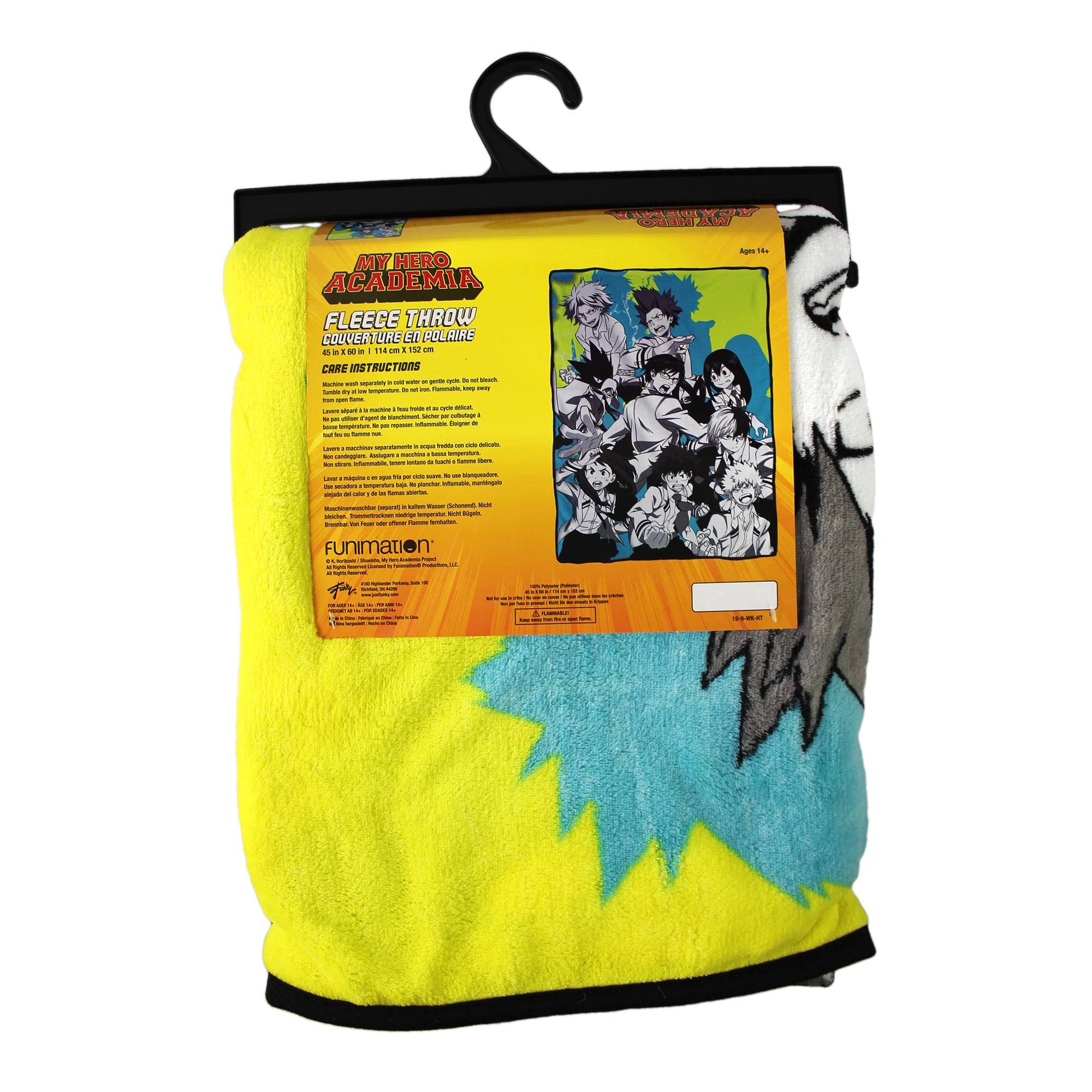 MY HERO ACADEMIA FLEECE THROW  
COUVERTURE EN POLAIRE  

46 in x 60 in | 114 x 152 cm  

CARE INSTRUCTIONS  
- Machine wash warm with like colors. Do not bleach.  
- Tumble dry low. Do not iron.  
- Do not dry clean.  

Ages 14+  

Funimation