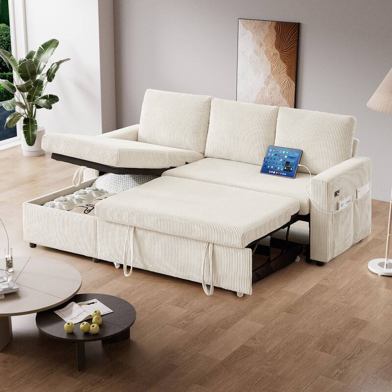 Alt View 1. Vipbear - Vipbear 81" L Shaped Pull Out Couches for Living Room with Storage Chaise, USB Port&Cupholder - Beige.