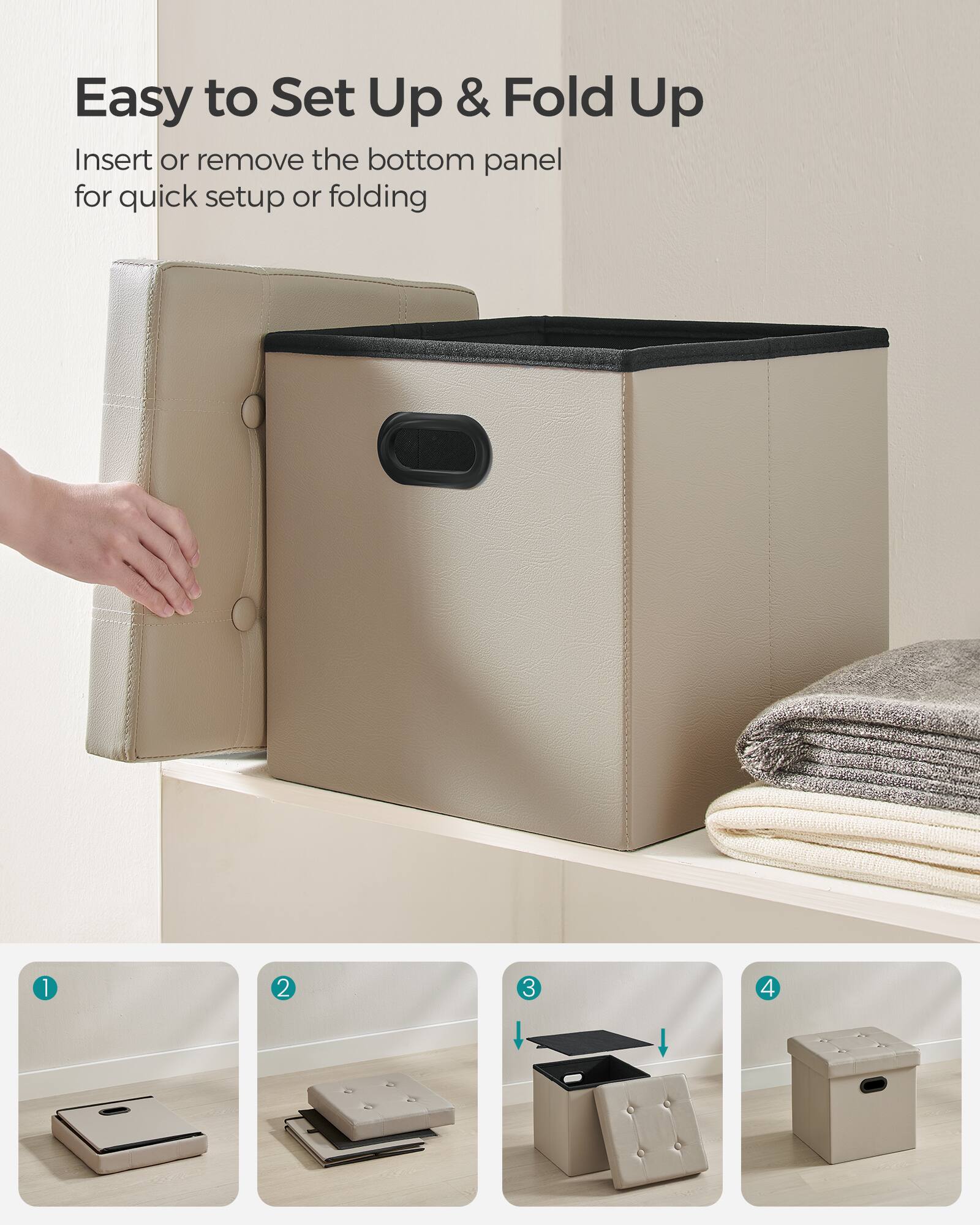 Easy to Set Up & Fold Up

Insert or remove the bottom panel for quick setup or folding

1. 2. 3. 4.