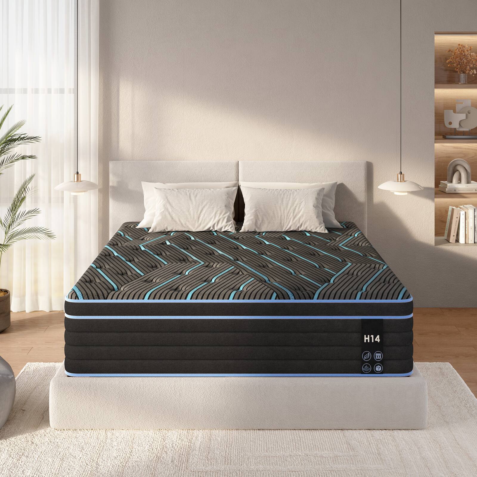 Alt View 1. Chateau Abodes - 14'' King Size Hybrid Mattress, Individually Pocketed Innerspring, Washable Cover, Medium Firm - Blue+Black.