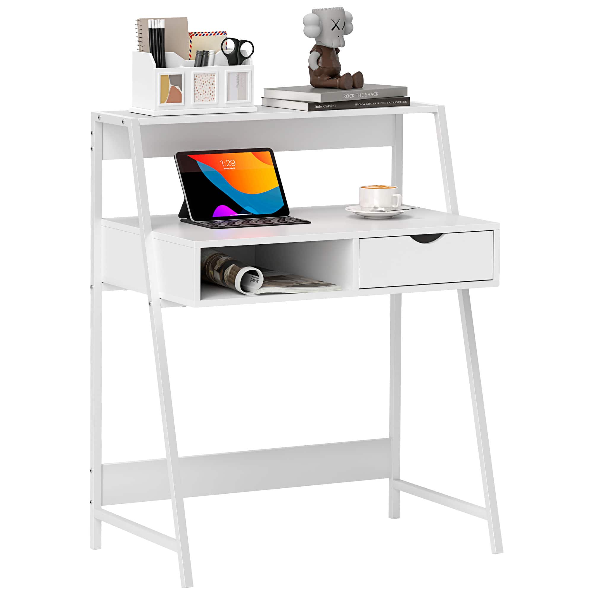 Homcom - Home Office Desk, Computer Desk with A Frame for Small Spaces, Writing Table with Drawer and Storage Shelves - White