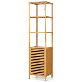 Costway - 4 Tiers Bamboo Bathroom Storage Floor Cabinet Tower Corner Rack w/ Louvered Door - Natural