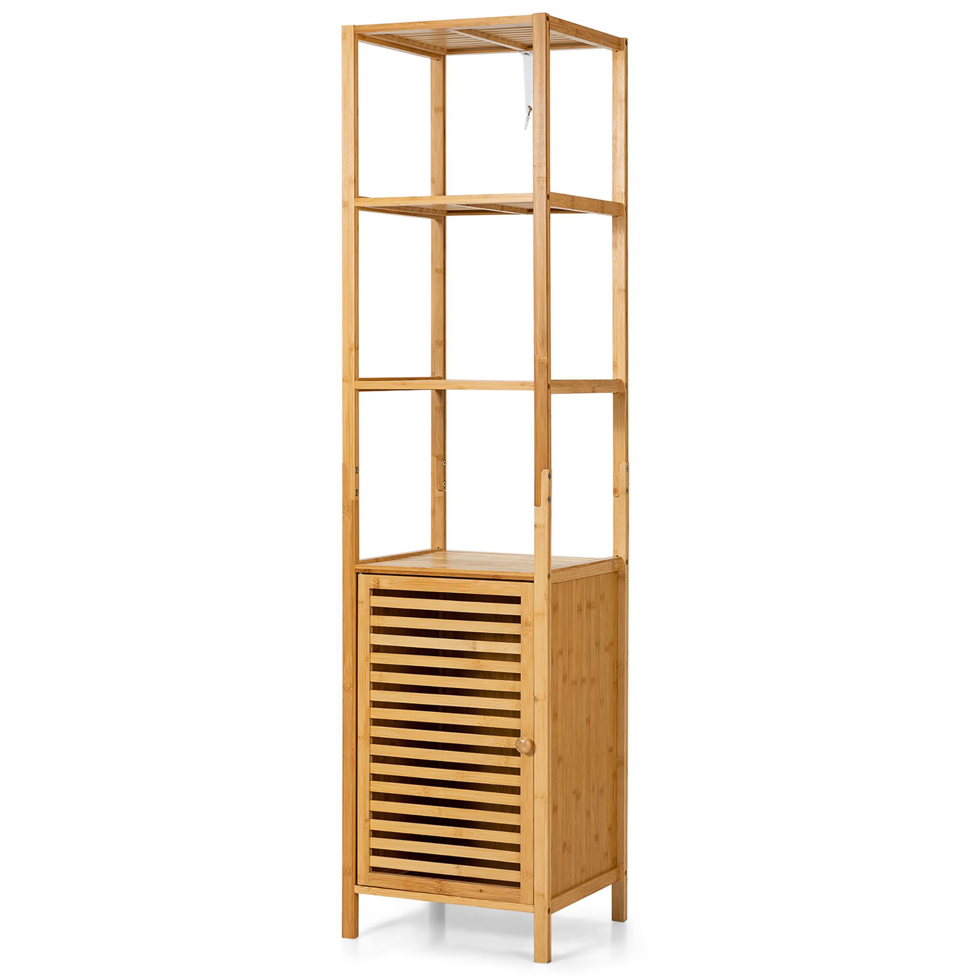 Front. Costway - Costway 4 Tiers Bamboo Bathroom Storage Floor Cabinet Tower Corner Rack w/ Louvered Door - Natural.