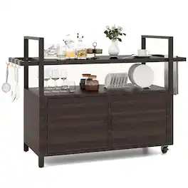 Costway - Outdoor Bar Cart with Tempered Glass Top Storage Cabinet & 8 Hooks for Porch - Brown