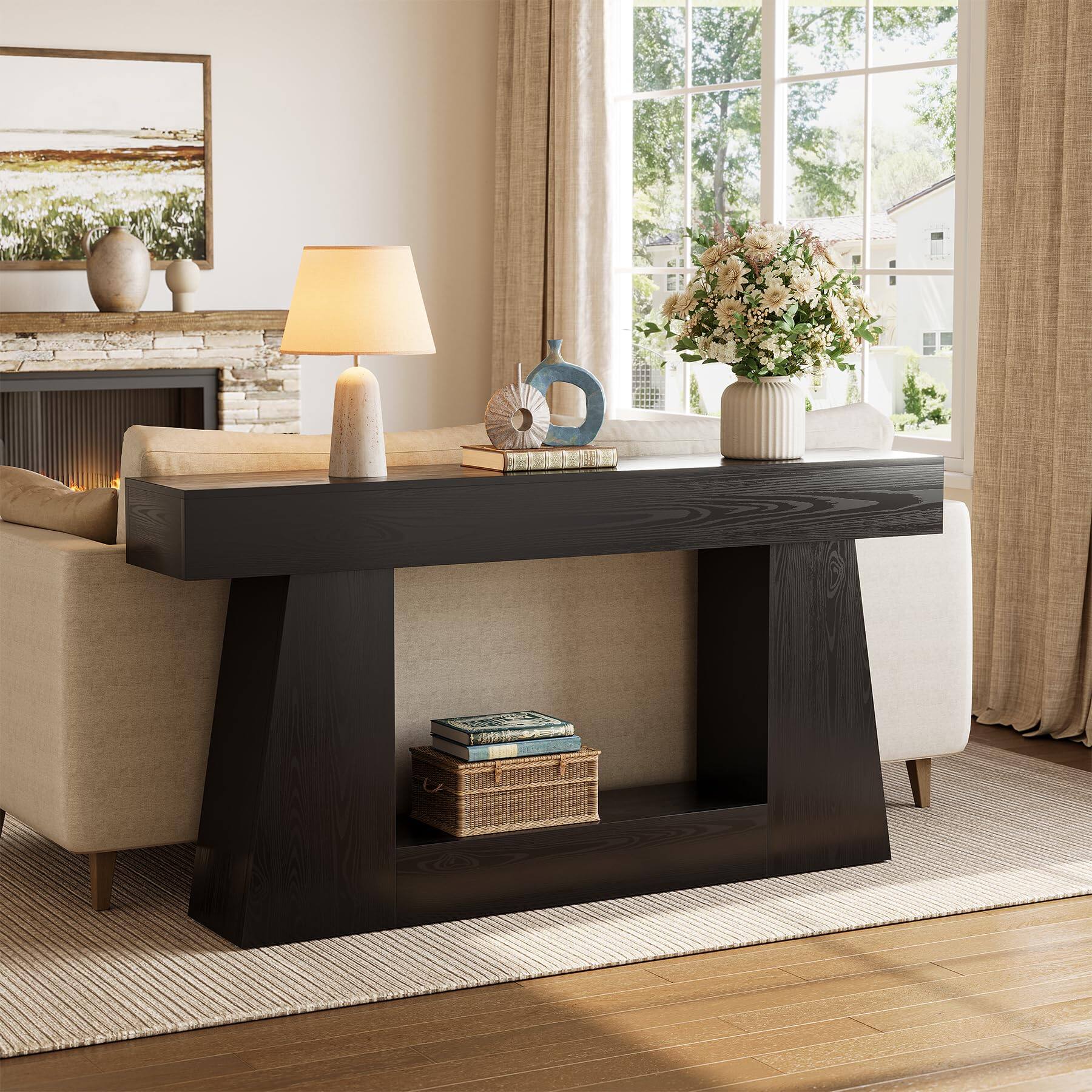 Left. Tribesigns - LITTLE TREE 63" Farmhouse Console Table with Storage, Rustic Sofa Table for Entryway, Narrow Long Sofa Table Behind Couc - Black.