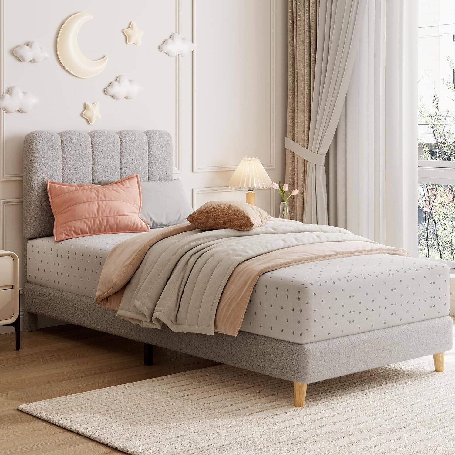 Alt View 2. Qeetex - Twin XL Bed Frame Boucle Upholstered Platform Bed with Wave Headboard for Girls Boys Kids Easy Assembly Wooden Slats Sup - As Shown.