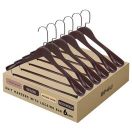 BP4U - 6-Pack Premium Wide Shoulder Wooden Suit Hangers, Solid Wood Clothers Hangers with Locking Bar for Coats - Dark Cherry