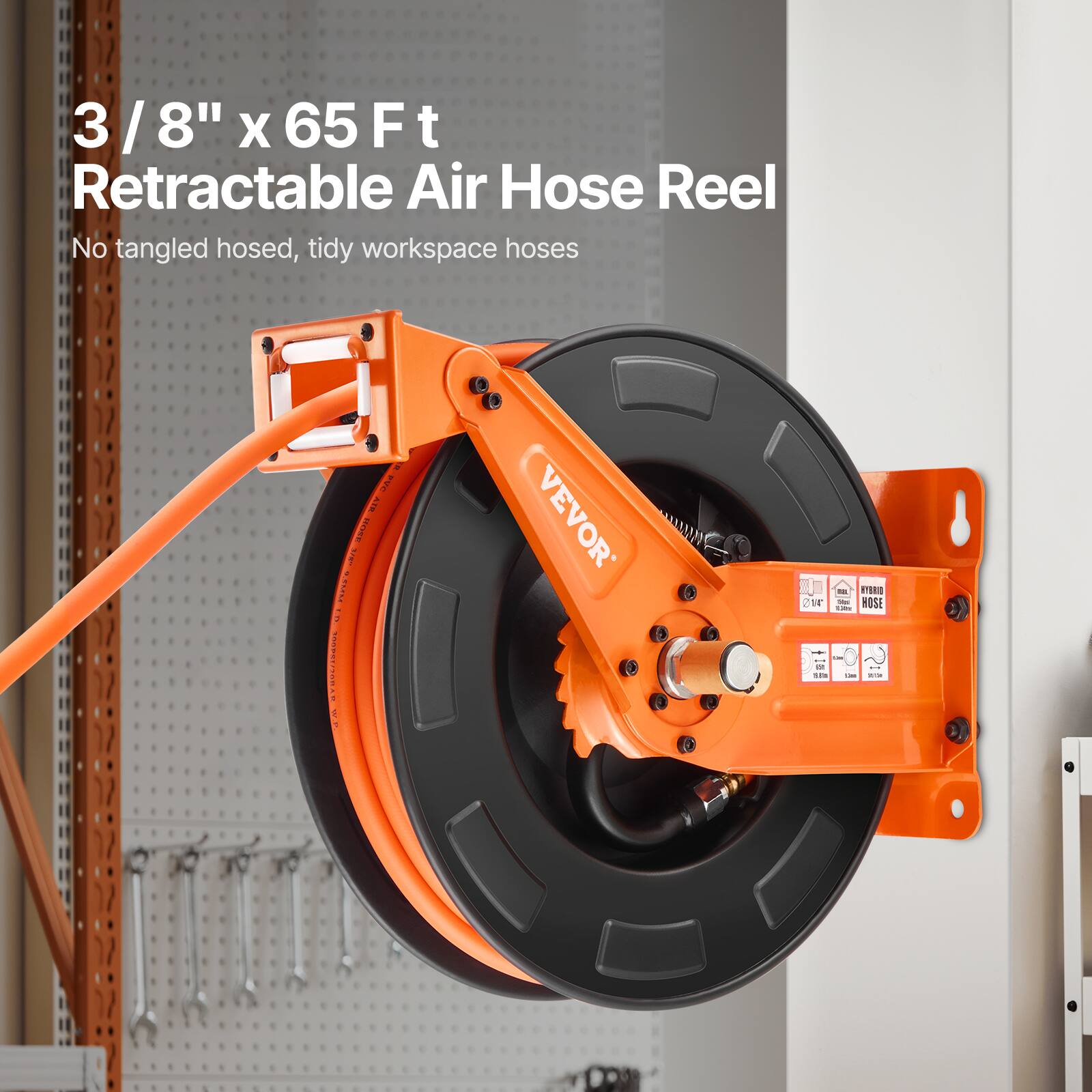 3/8" x 65 ft Retractable Air Hose Reel  
No tangled hoses, tidy workspace hoses