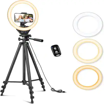 Front. PARKER SLATER - 10'' Ring Light with 50'' Tripod Stand, LED Circle Light with Phone Holder for Makeup, Live Streaming, YouTube, TikTok,.
