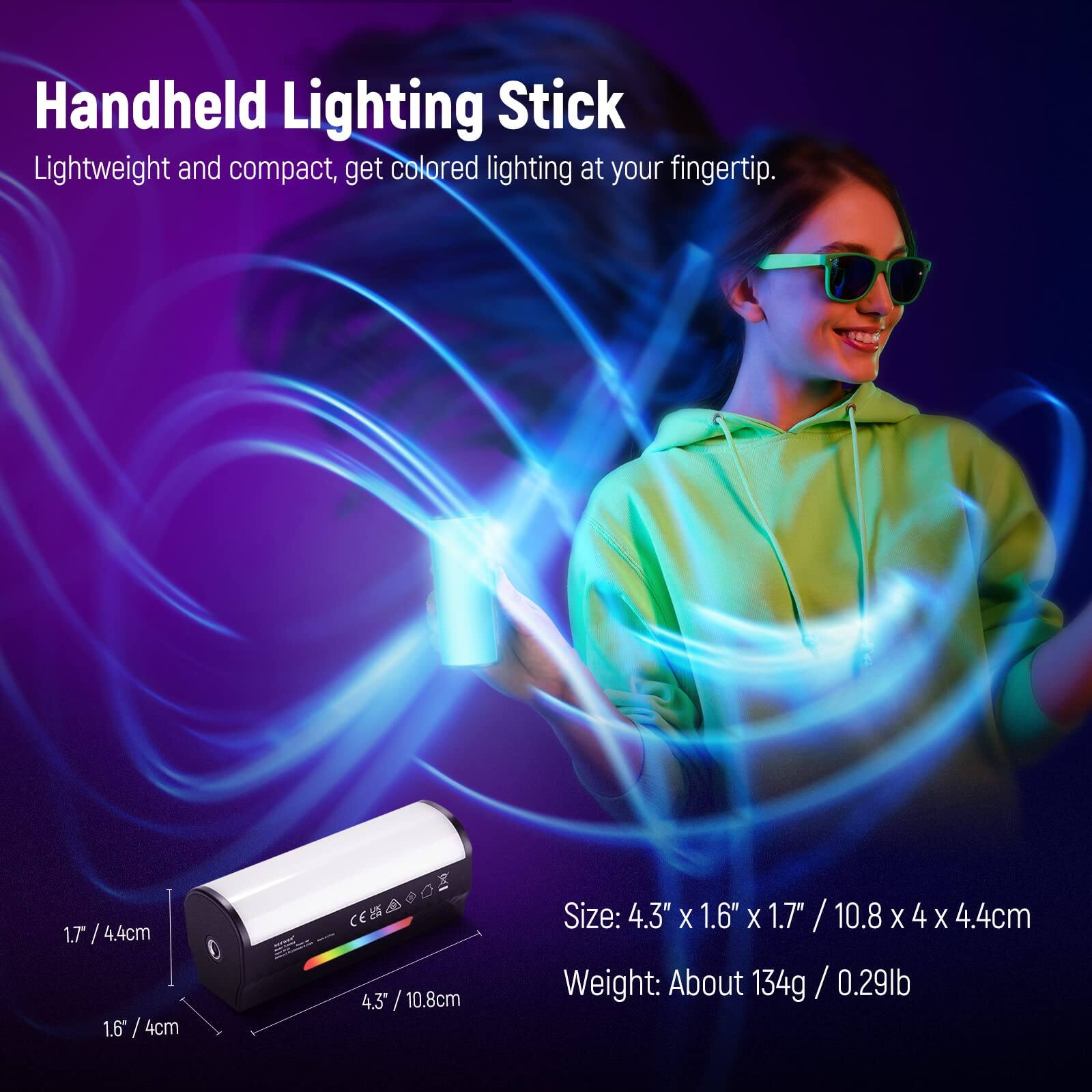 Handheld Lighting Stick

Lightweight and compact, get colored lighting at your fingertip.

Size: 4.3" x 1.6" x 1.7" / 10.8 x 4 x 4.4cm

Weight: About 134g / 0.29lb
