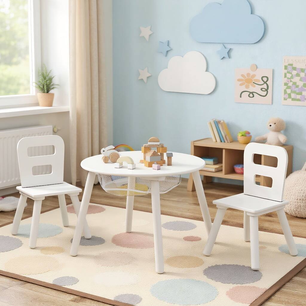 Front. Kadyn - Wood Activity Kids Table and Chair Set with Center Mesh Storage-White, Small Folding Table for Arts & Crafts, Snack Time - White.