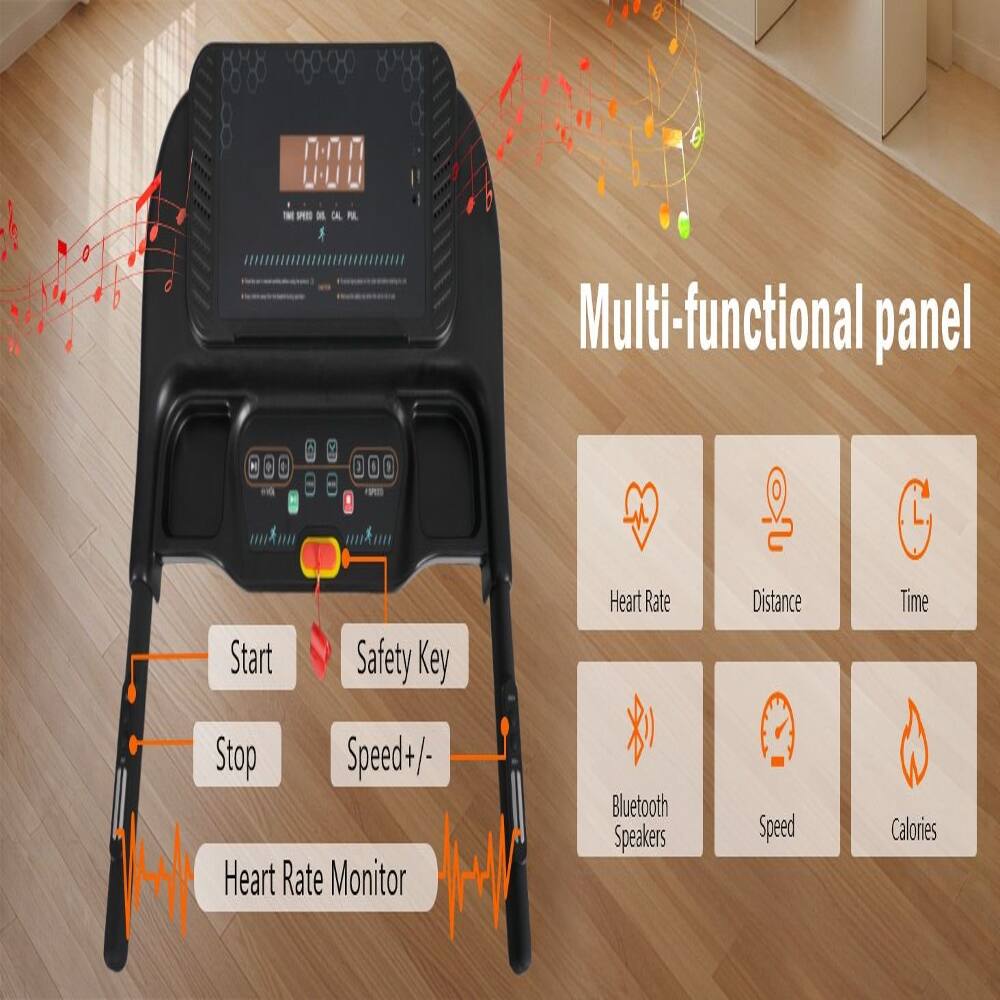 010 P DA Multi-functional panel

- Start
- Safety Key
- Stop
- Speed +/- 
- Heart Rate Monitor
- Bluetooth Speakers
- Heart Rate
- Distance
- Time
- Speed
- Calories