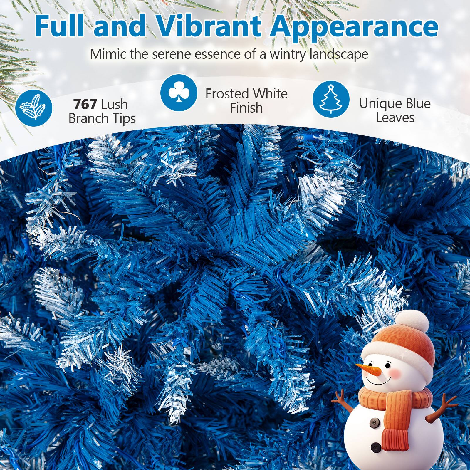 Full and Vibrant Appearance  
Mimic the serene essence of a wintry landscape  

- 767 Lush Branch Tips  
- Frosted White Finish  
- Unique Blue Leaves