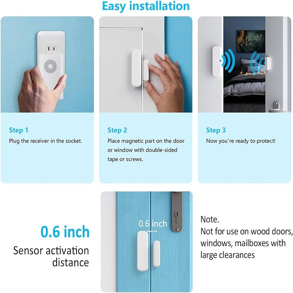 Easy installation

Step 1  
Plug the receiver in the socket.

Step 2  
Place magnetic part on the door or window with double-sided tape or screws.

Step 3  
Now you're ready to protect!

0.6 inch  
Sensor activation distance

Note.  
Not for use on wood doors, windows, mailboxes with large clearances