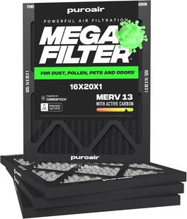 PuroAir - 16x20x1 HVAC Mega Filter MERV 13 Pleated Plus Activated Carbon Air Filter (4-Pack) - Black