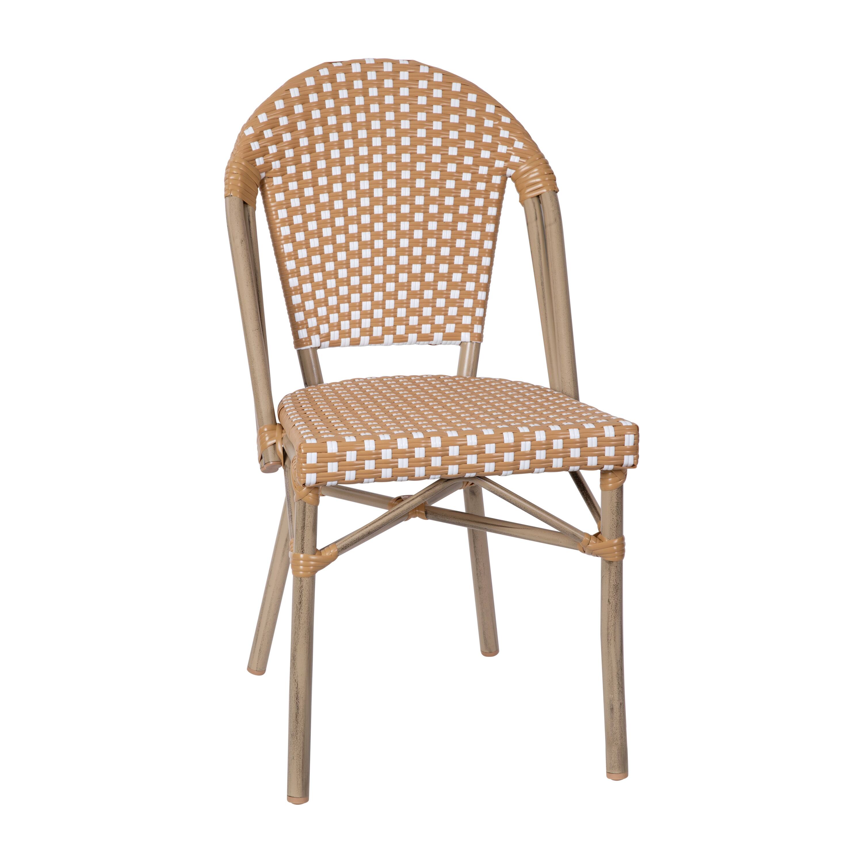 Alt View 8. Emma + Oliver - Colmar Indoor/Outdoor Bistro Style 31.5 in. Table with PE Rattan, Glass Top, and Two Chairs - Metal  Frame - Natural & White Rattan/Light Natural Frame.