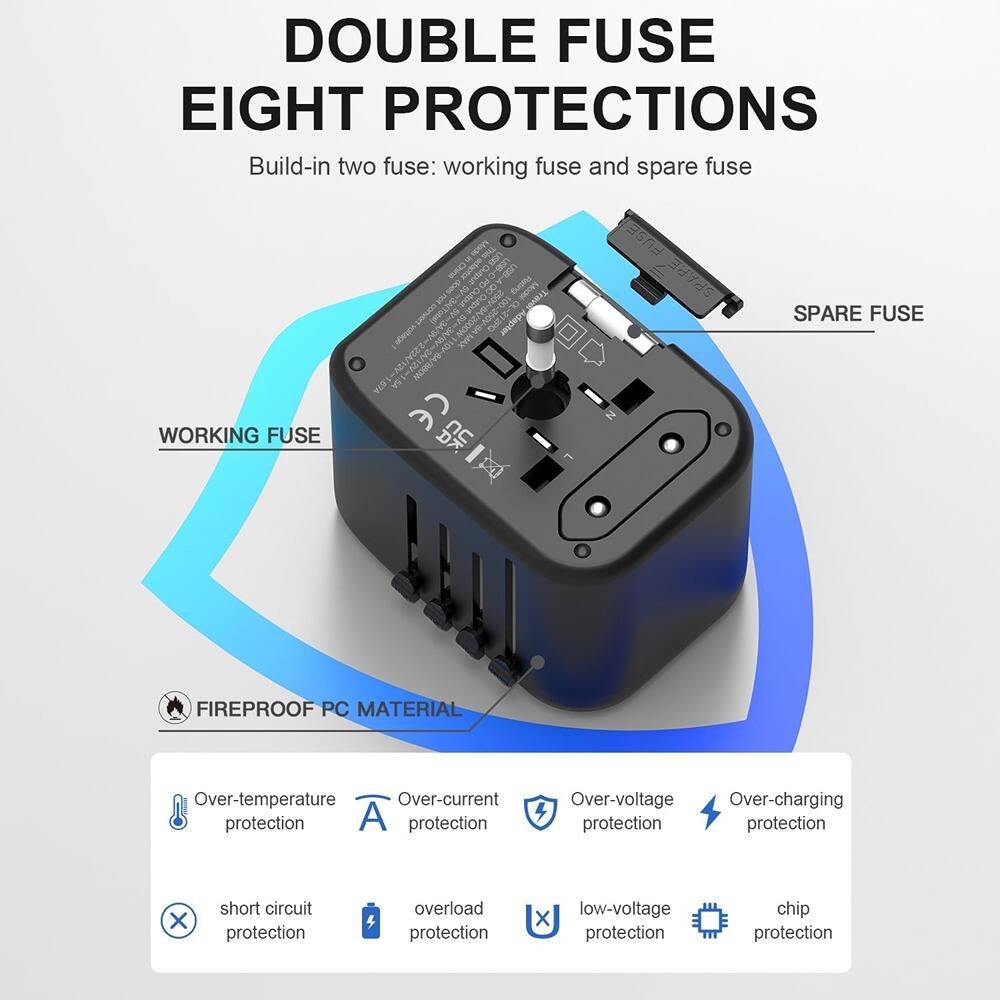 **DOUBLE FUSE EIGHT PROTECTIONS**

Build-in two fuse: working fuse and spare fuse

- WORKING FUSE
- SPARE FUSE

**FIREPROOF PC MATERIAL**

- Over-temperature protection
- Over-current protection
- short circuit protection
- overload protection
- Over-voltage protection
- Over-charging protection
- low-voltage protection
- chip protection