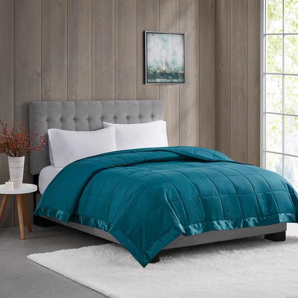 Alt View 1. Glintex - Lightweight Down Alternative Blanket with Satin Trim Teal Full/Queen - Teal.