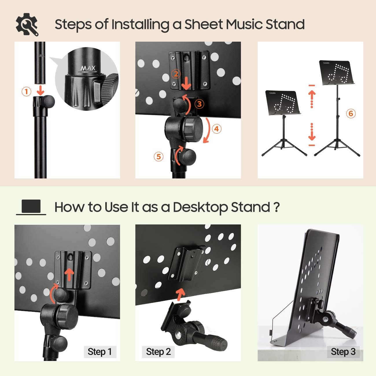 Steps of Installing a Sheet Music Stand

1. MAX
2. 
3. 
4. 
5. 
6. 

How to Use It as a Desktop Stand?

Step 1
Step 2
Step 3