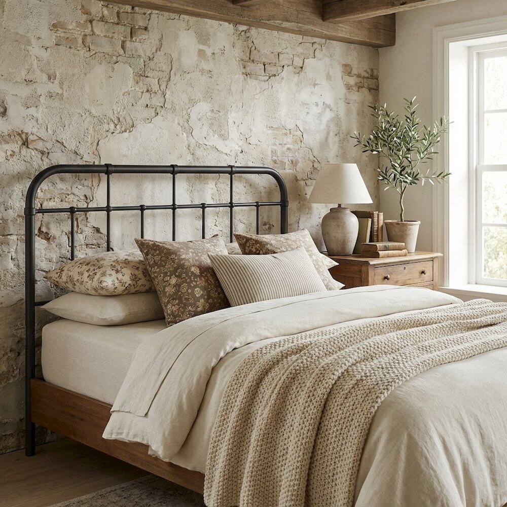 Angle. FurniFact - Metal King Headboard with Sturdy Frame and Sleek Minimalist Design - Gray.