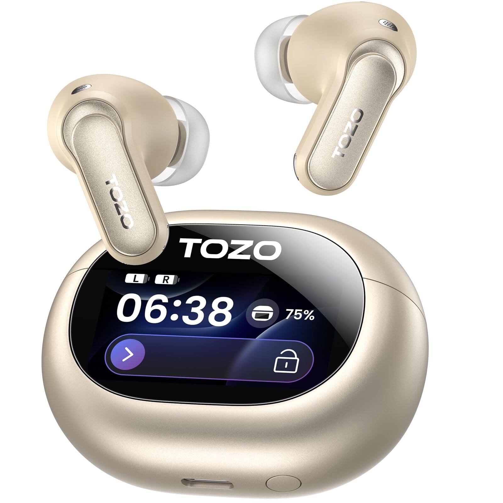 TOZO - NC20 Pro ANC Earbuds – Touch Screen, LDAC Hi-Res, 6-Mic AI Calls, 80H Playtime, IPX8, Wireless Charge - Champagne