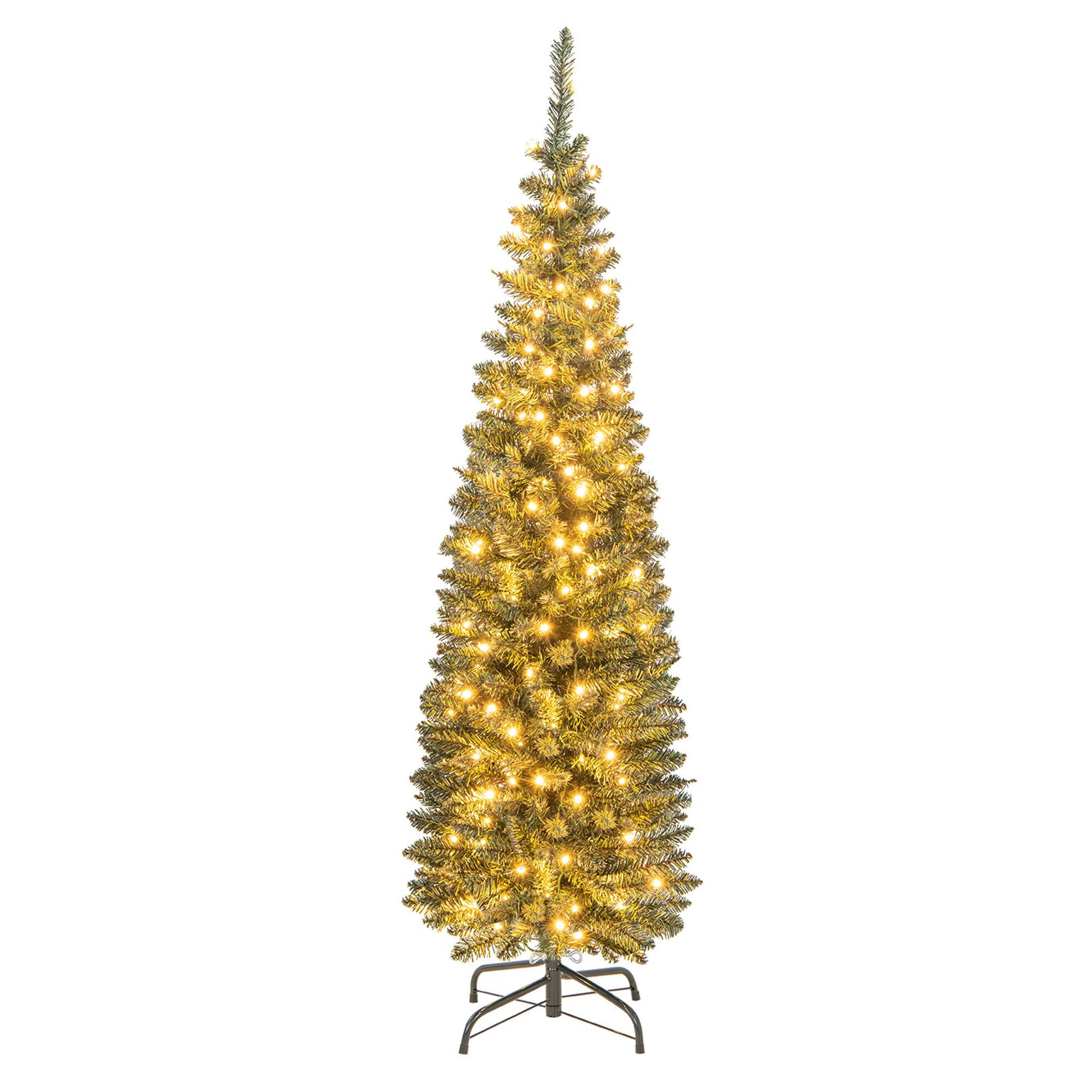 Alt View 9. Gymax - Gymax 5 ft Pre-Lit Artificial Christmas Tree Slim Pencil Xmas Tree Holiday Party Decor - Green.